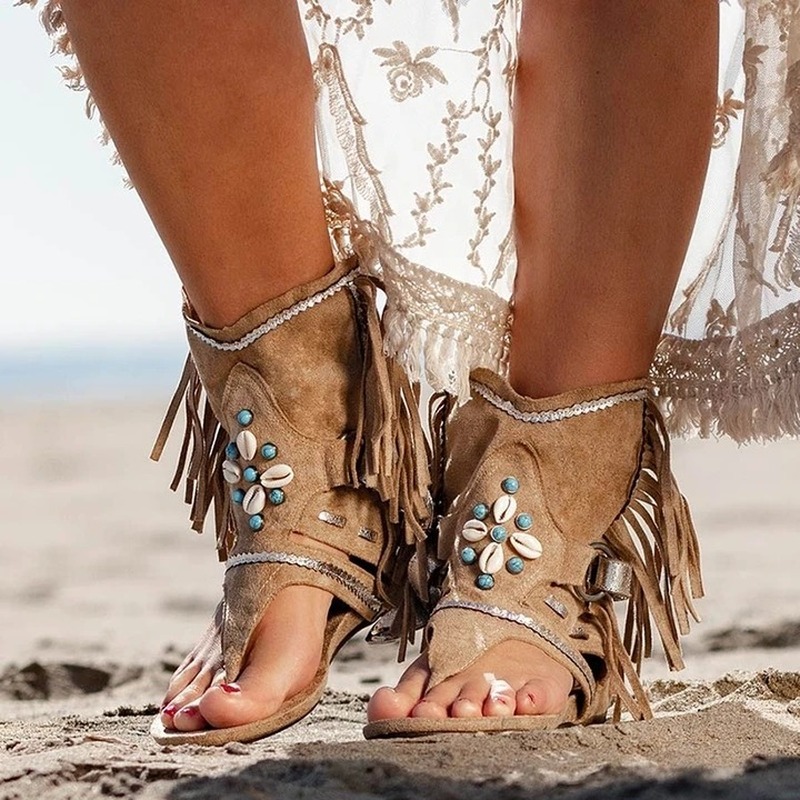 Sandalias Retro con flecos y flores para mujer, zapatos informales de playa, chanclas de verano,