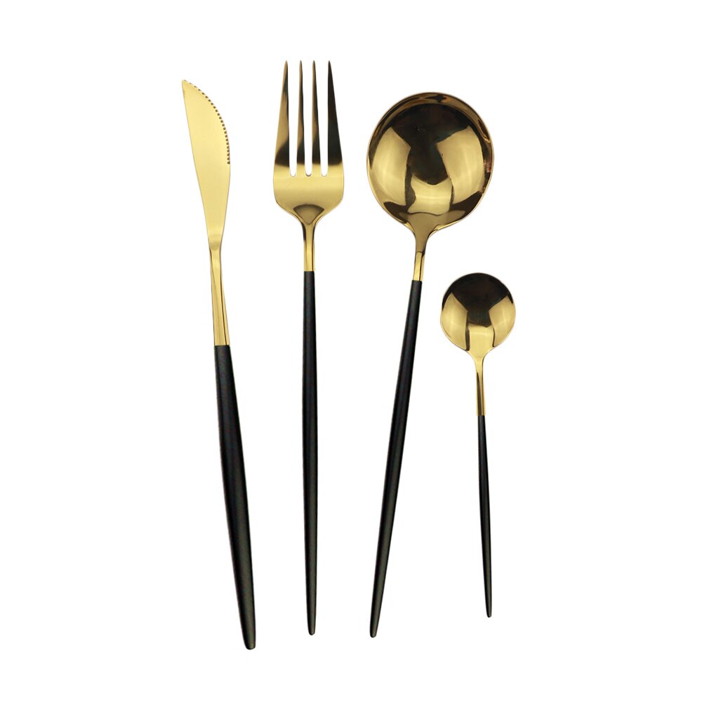 Couverts en or blanc miroir de cuisine | Ensemble de vaisselle 304 service de vaisselle en acier inoxydable, couteau fourchette cuillère service de table 32 pièces/8: Black Gold