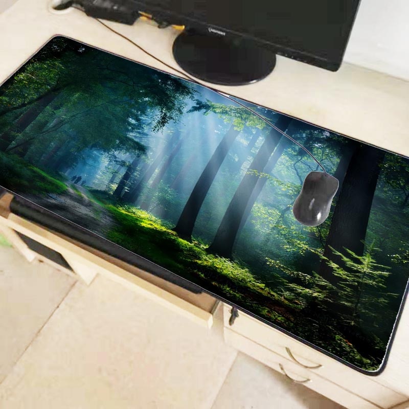 Mairuige Nature Blue Forest Snow Large Mouse Pad Gaming Mousepad Anti-slip Natural Rubber Gaming Mouse Mat with Locking Edge