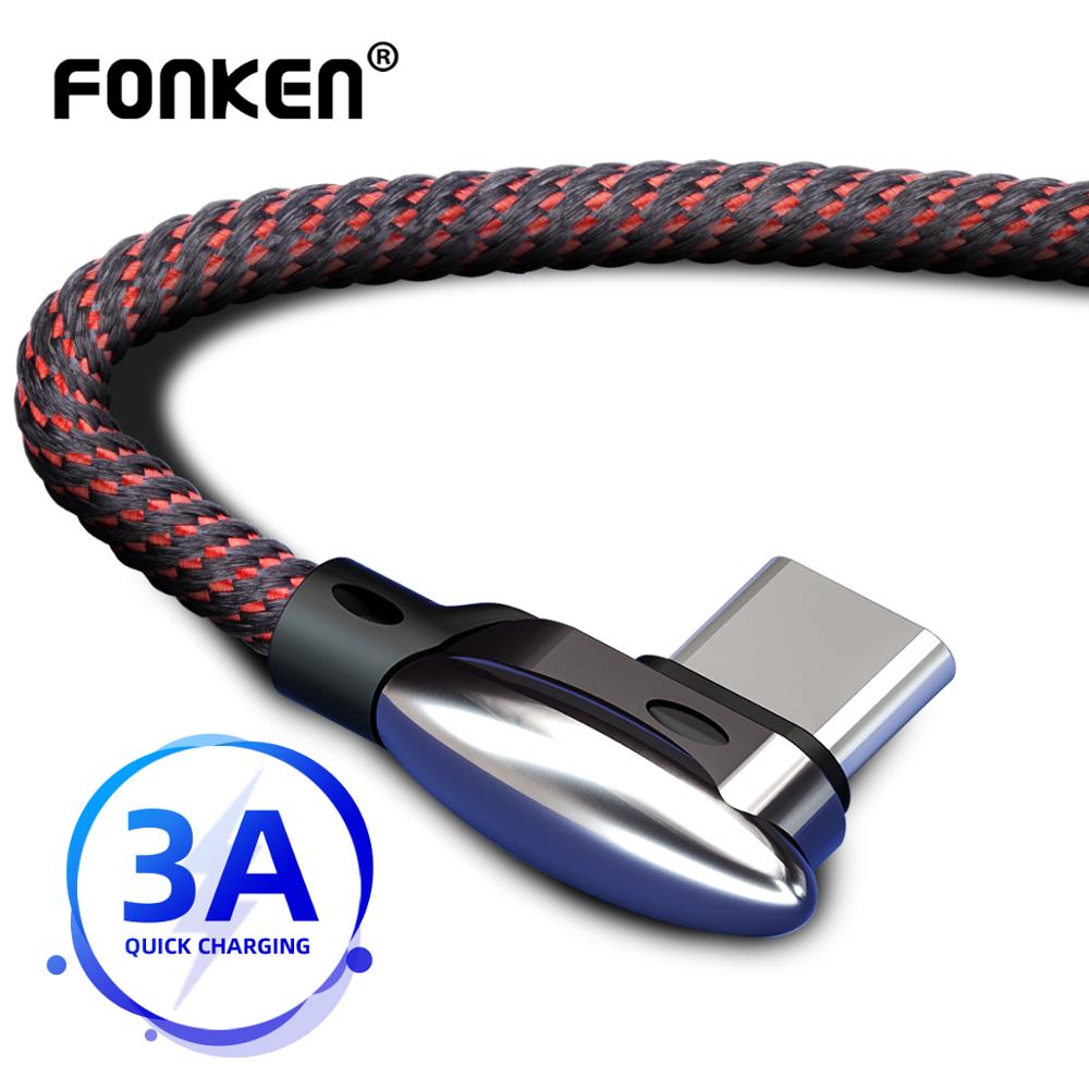 FONKEN 90 Graden USB Type C Kabel 3A Fast Charger Type-C Bocht Cord Opladen voor Android Mobiele Telefoon data Koord Nylon Game Draad