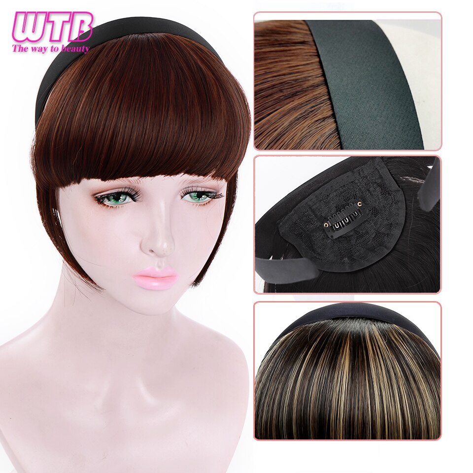 WTB-Cinta para La Cabeza corta y recta, flequillo con Clip en una pieza, para mujer, resistente al calor, negro sintético, flequillo Romo Natural