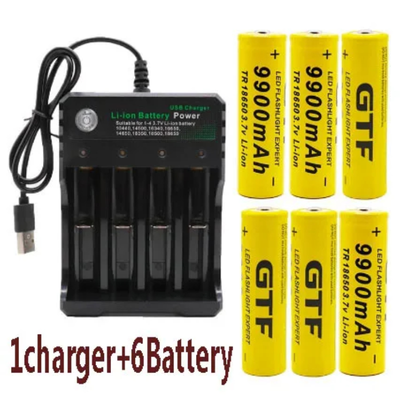 GTF 18650 Original Lithium-ion Battery, 18650 Rechargeable Flashlight, 3.7 V, 9900 MAh for Flashlight+USB Charger: Yellow