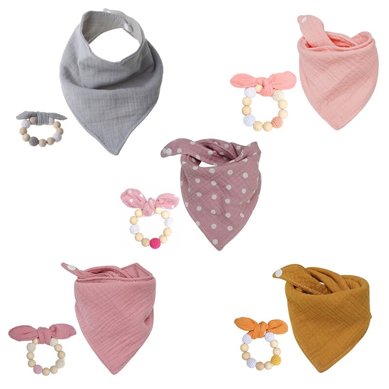 2 Stks/set Baby Katoen Slabbetjes Houten Polsband Bijtring Zacht Speeksel Handdoek Peuter Driehoek Sjaal Kauwen Molaire Baby Speelgoed