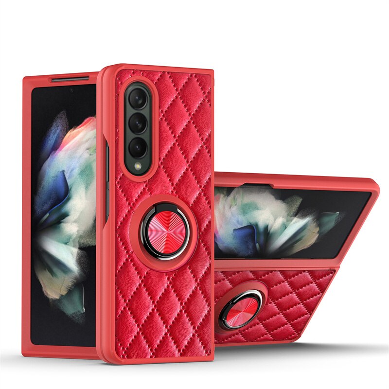 Diamant Telefoon Geval Voor Samsung Galaxy Z Vouw 3 5G Embossing Lederen Ring Met Houder Shockproof Back Cover Voor galaxy Z Vouw 3: Rood