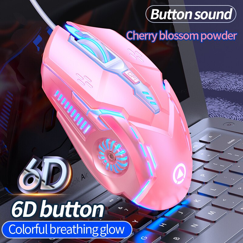 Gaming Mouse Silent Click USB Optical Wired PC Laptop Computer 4800DPI Ergonomic Mice with 6 Programmable Buttons: Pink