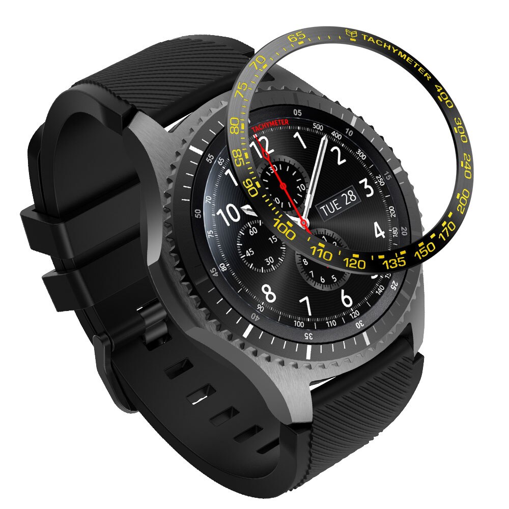 Cubierta de acero inoxidable para reloj inteligente Samsung Galaxy, 46MM, gear s3 frontier, anillo de bisel, cubierta adhesiva antiarañazos: black yellow