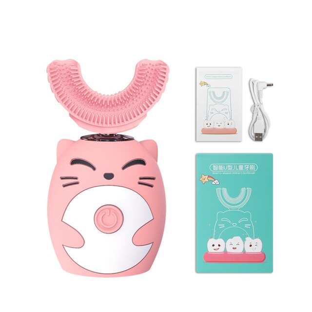 Brosse à dents électrique ultrasonique automatique en silicone, 360, pour enfants, brosse à dents en forme de U, intelligente, mignonne, dessin animé: B-pink 1-7Y