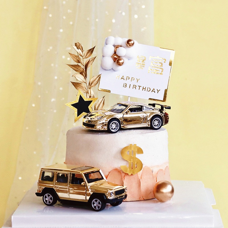Alloy SUV Locomotive Cake Topper for Birthday Party Gold Sports Car Decor Wedding Baking Supplies Baby Shower Dessert Love