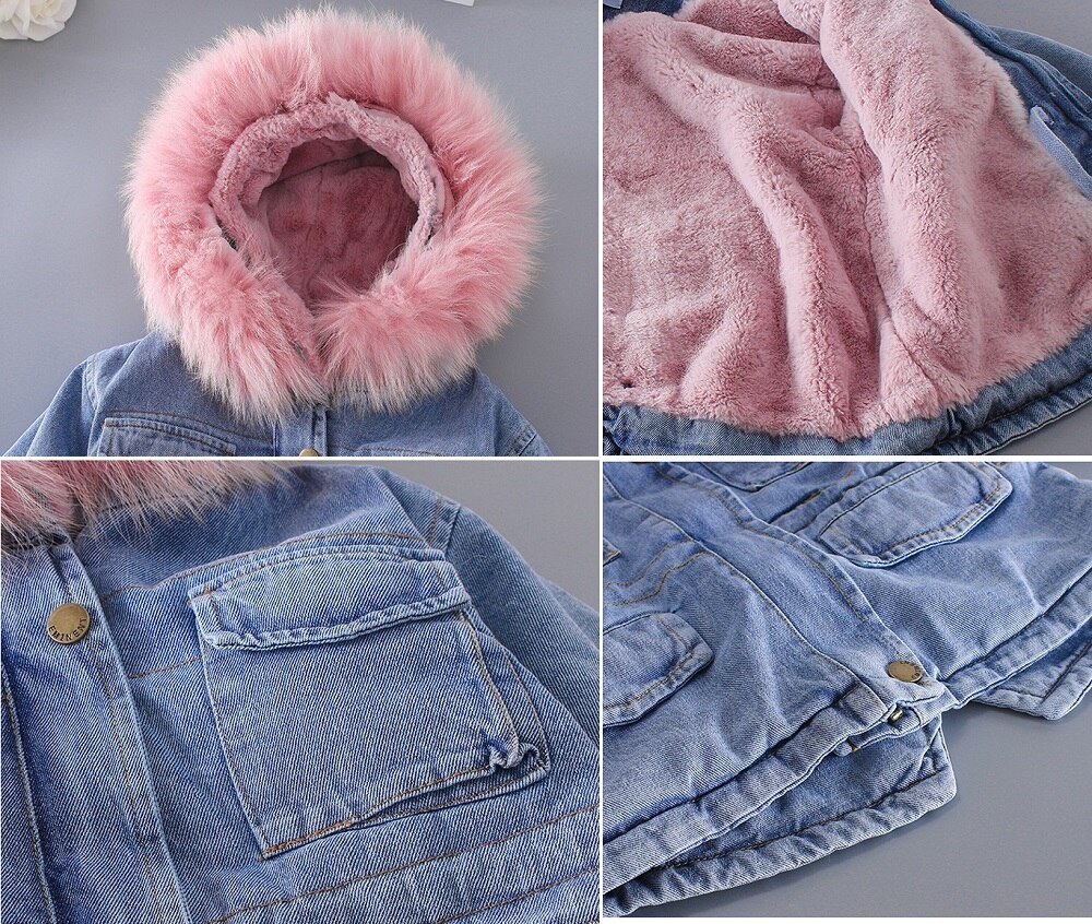 Winter Baby Mädchen Denim Jacke Plus Pelz Warme Kleinkind Mädchen Oberbekleidung Plüsch Denim jacke baumwolle 1-5 Jahre freundlicher Kleinkind Mädchen Parka