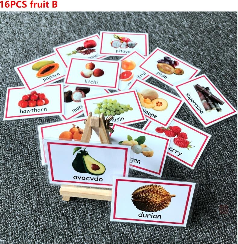 Kids Montessori Baby Learn English Word Card Flashcards Cognitive Educational Toys Picture Memorise Games For Children: 16pcs fruit B