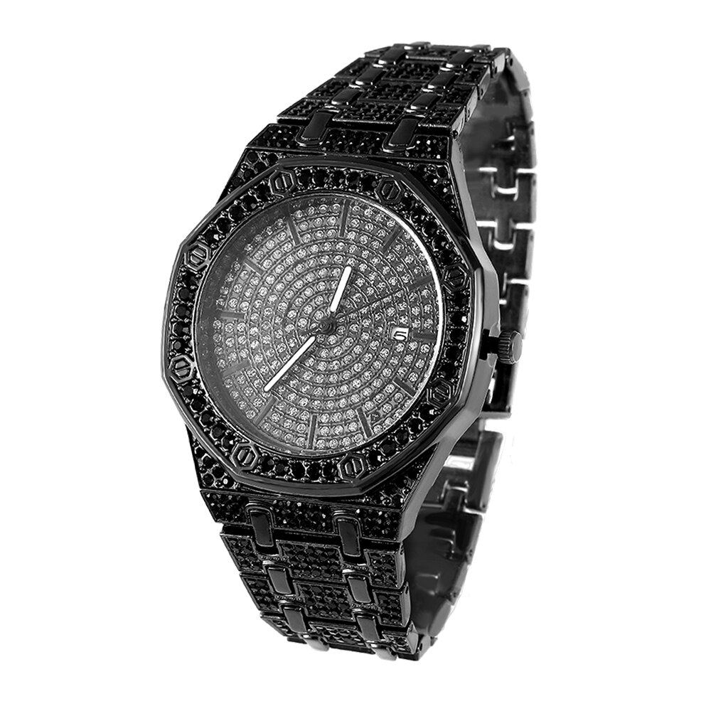 Hip Hop Ice Out Watch Mens Watches Iced Out Stainless Steel Quartz Wristwatches Waterproof Watches For Men Charm Jewelry: BLACK