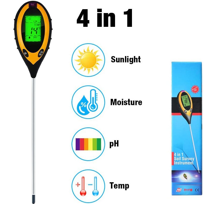 Probador de pH del suelo 4 en 1, medidor de humedad, Kit de probador de suelo de plantas con PH, luz y acidez de humedad para flores