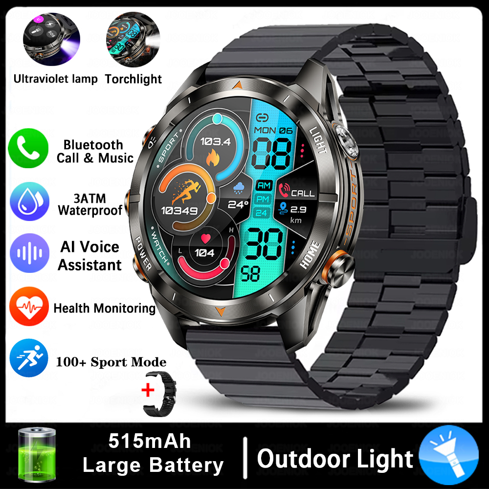 Quatro botões bluetooth chamada relógio inteligente masculino 1.43 Polegada hd sreen 100 + esportes 3atm lanterna à prova dwaterproof água smartwatch homem para huawei: ROXO