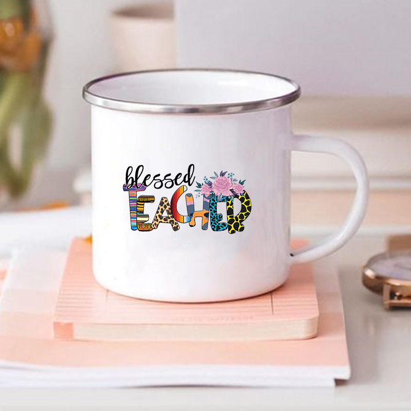 Teacher Love Inspire-Tazas de esmalte estampadas, vaso de vidrio para café, té, bebidas, leche, tazas escolares con asa, para profesores: XH1310-A015WH-8