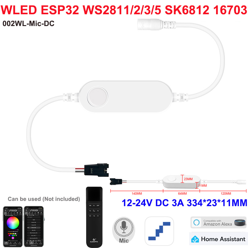 1-10WLED GLEDOPTO RGB Strip Lights with Mic LED Controller ESP32 Music Dynamic Modes for WS2811 WS2812B SK6812 WS2813 WS2815 DIY