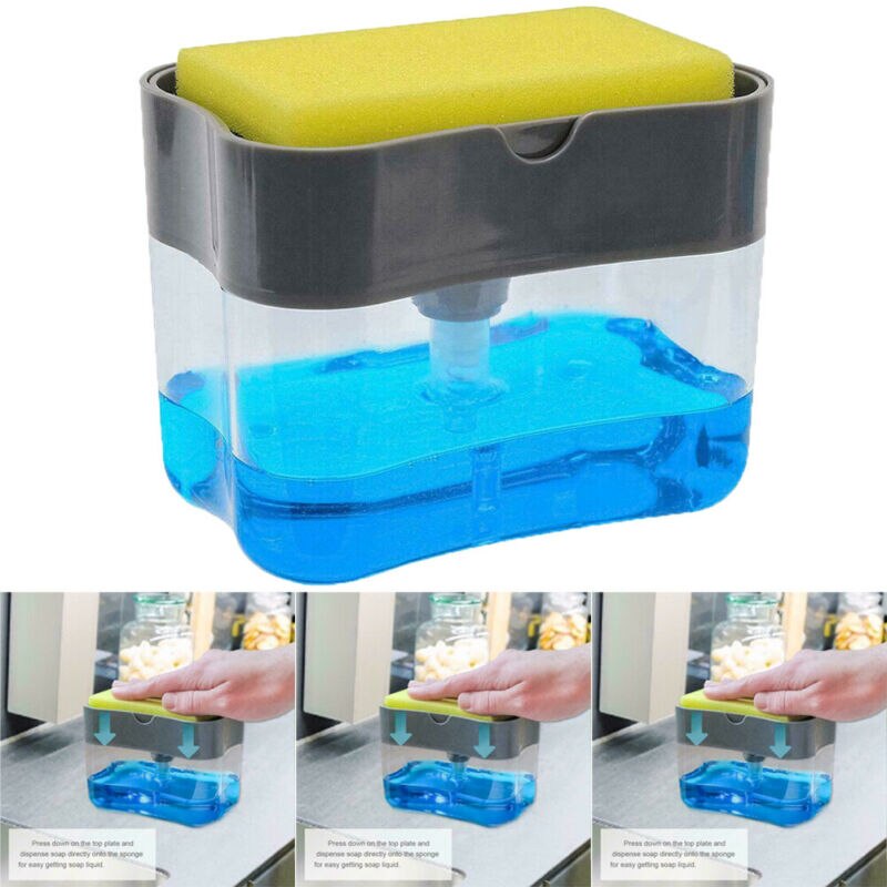 2-In-1 Handpers Zeepdispenser Zeepdispenser Pomp Spons Keuken Badkamer Met Spons