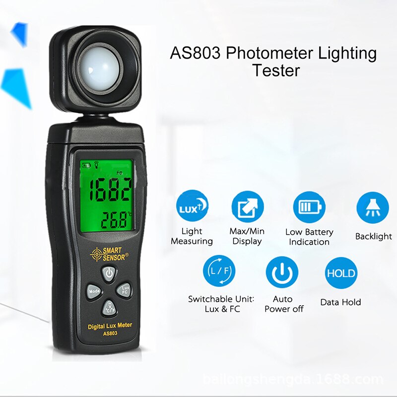 AS803 compteur de lumière numérique testeur d'éclairement mesure de température intérieure 200,000 Lux luxmètre