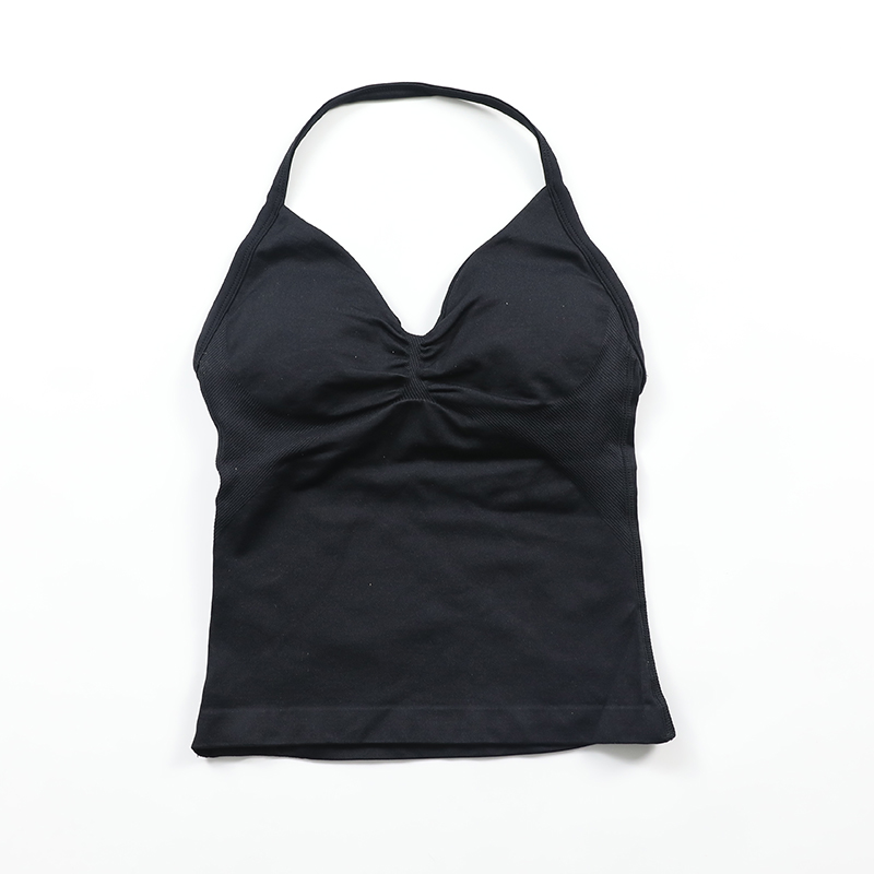Impact Longline Strappy Top Women Seamless Yoga Tank Tops Scrunch Backless Gym Clothes Padded Workout Athletic Sleeveless Shirts: XS / black