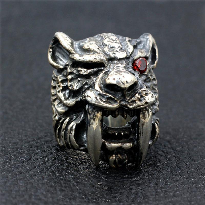 Bague de tigre à dents de sabre pour hommes, rétro, dominateur aux yeux rouges, ancien, Punk, Locomotive, Hip-Hop, Punk, Rock, bijoux,