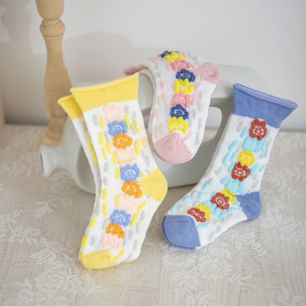 Calzini estivi a bolle per ragazze bordi arrotolati creativi Design fiori calzino per bambini calzino corto in morbido cotone traspirante per bambini 3 paia