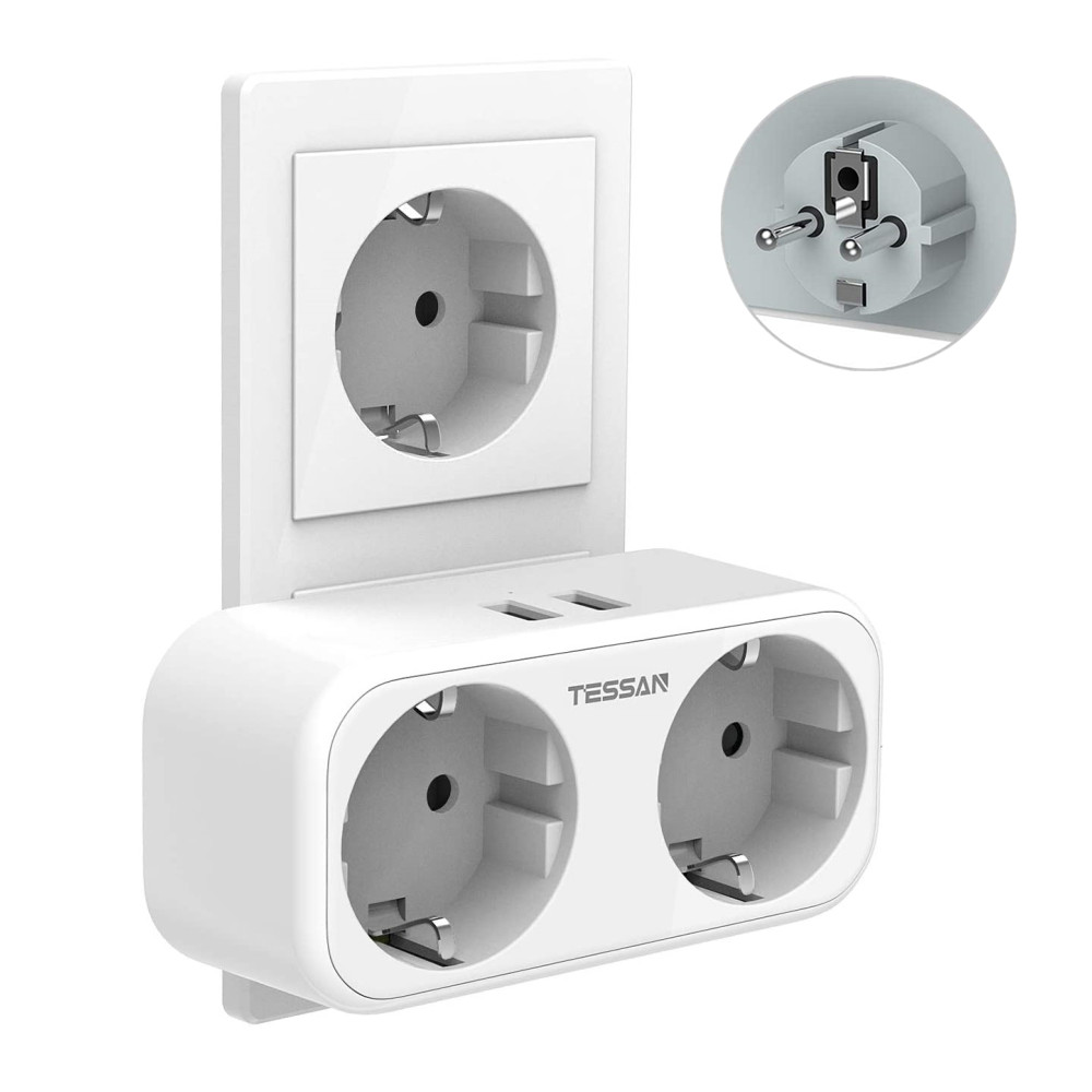 TESSAN – barre d&#39;alimentation d&#39;extension de prise européenne, avec 2 prises EU et 2 Ports de charge USB (5V 2,4 a), prise murale, adaptateur de voyage: TS-321-DE-WH