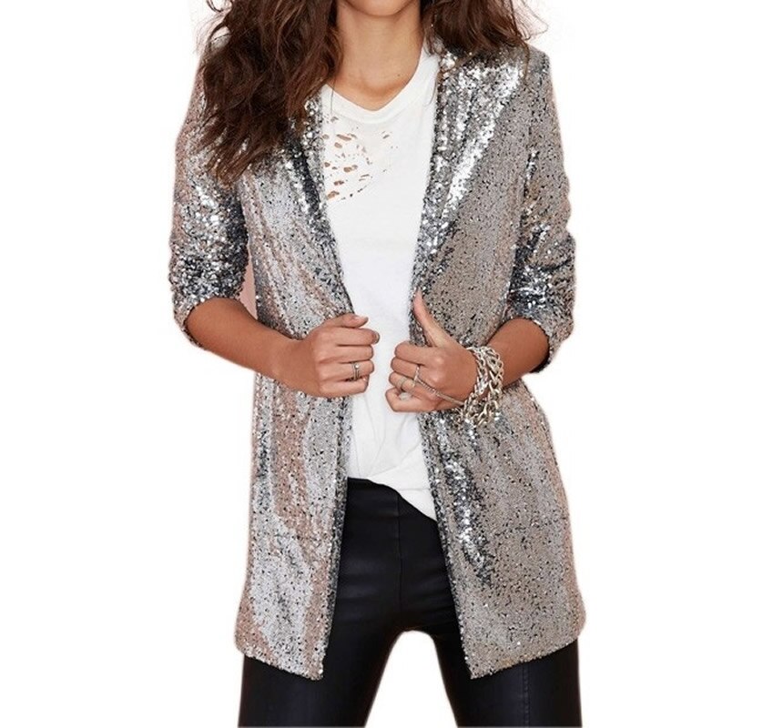 Chique pailletten dames blazer goud zilver jassen winter herfst vest dames retro ol pakken jas vrouwelijke blazers bovenkleding: Zilver / Xl