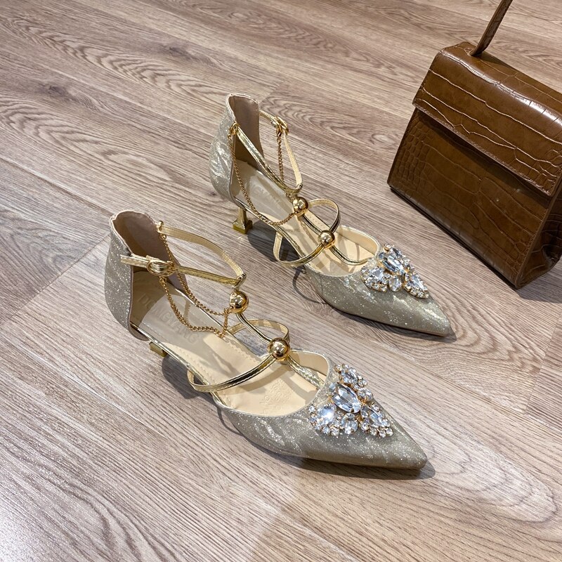 Szpilki DLEK cekinowe Rhinestone eleganckie pumpy damskie szpiczaste Toe letnie markowe buty na obcasie: Złota / 35