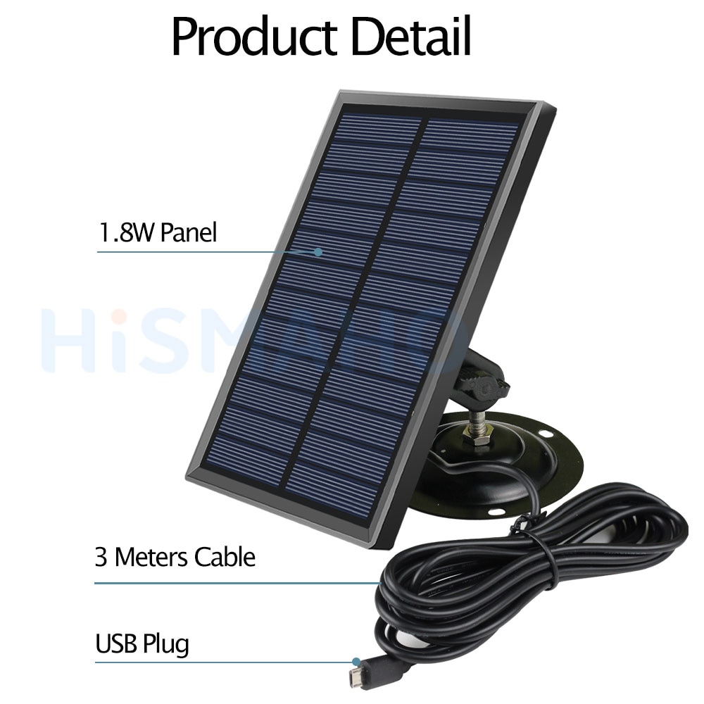 Hismaho Solar Panel 1.8W Charger with 3 Meter Cable USB Charging Adjustable Holder for Outdoor Security IP CCTV Camera