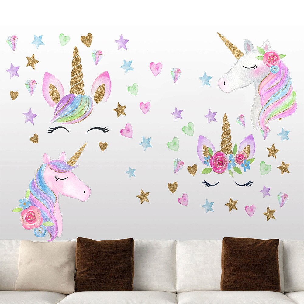 Pegatina de pared de unicornio dorado para habitación de niños, pegatina decorativa de dibujos animados, calcomanía de unicornio de estrella, fondo extraíble, decoración de pared