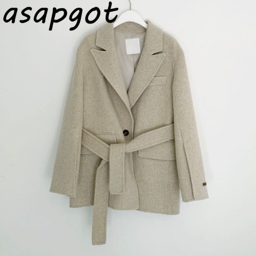 Abrigo con cinturón de invierno para mujer, Chaquetas de manga larga de solapa gruesa informal, holgada, de lana, Estilo Vintage,