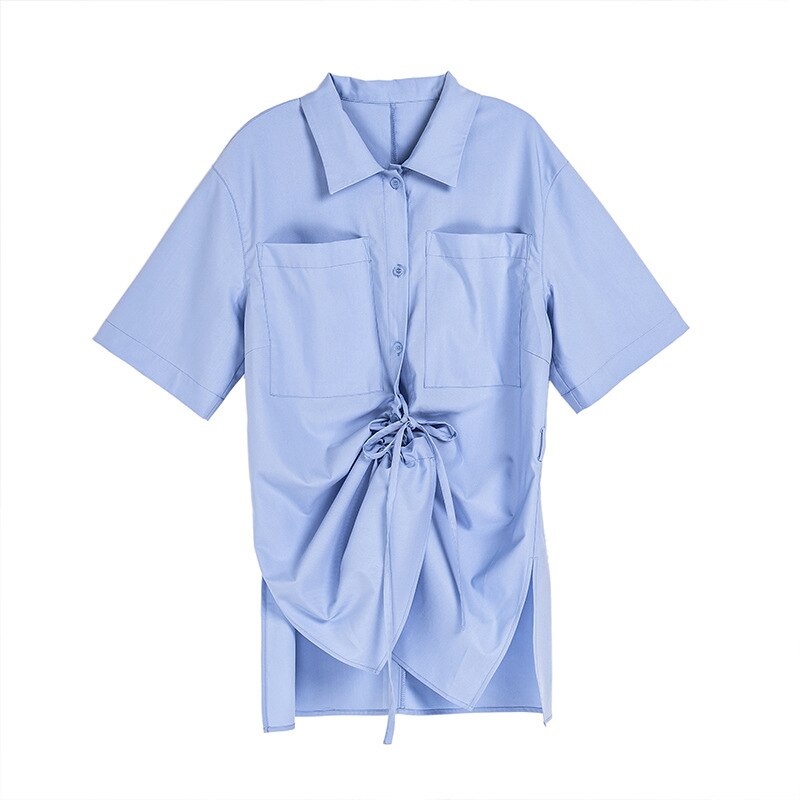 TWOTWINSTYLE Asymmetrical Women Shirt Lapel Collae Half Sleevel High Waist Irreguar Ruched Blouse For Female Clothes: blue / S
