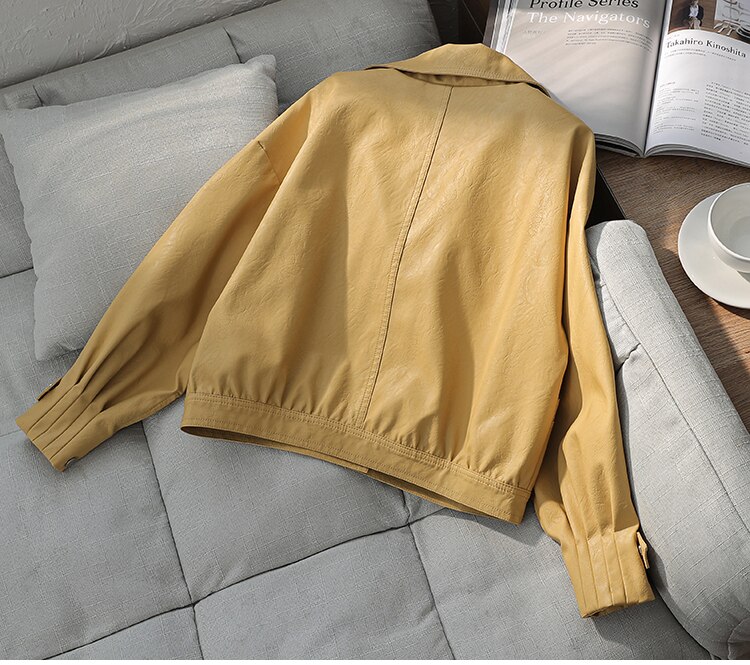 Jesień kobiet Faux skórzana kurtka moda luźna miękka Pu motocykl punkowa skórzana kurtka na wioślarz dla kobiet znosić: żółty / M