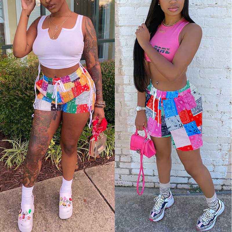 Bandana Vrouwen Mode Print Shorts Zomer Strand Losse Koord Shorts Casual Midi Taille Patchwork Korte Broek