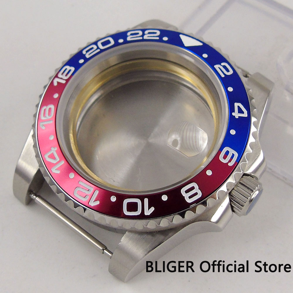 Top 40 Mm Bliger Blauw Rood Bezel Datum Vergrootglas Saffierglas Fit Eta 2836 Beweging Horloge Case CA28
