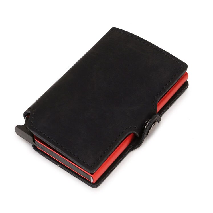 Casekey tyverisikring mænd tegnebog dobbelt aluminium læder kreditkort holder rfid metal tegnebog automatisk pop op pung id kortholder: Enkelt sort rød