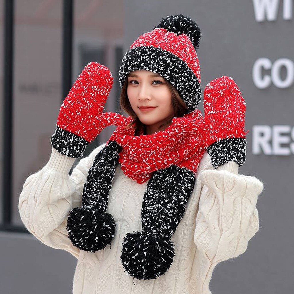 Invierno 3 piezas bufanda de las mujeres conjunto de Patchwork cálido de punto de sombrero bufanda + guantes Set Bola de Pelo bufandas guantes del sombrero conjunto: Red 