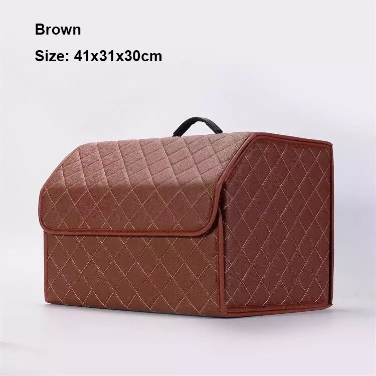 Car storage bag PU leather trunk storage box storage bag foldable car trunk storage and finishing high-end luxury storage box: Brown medium