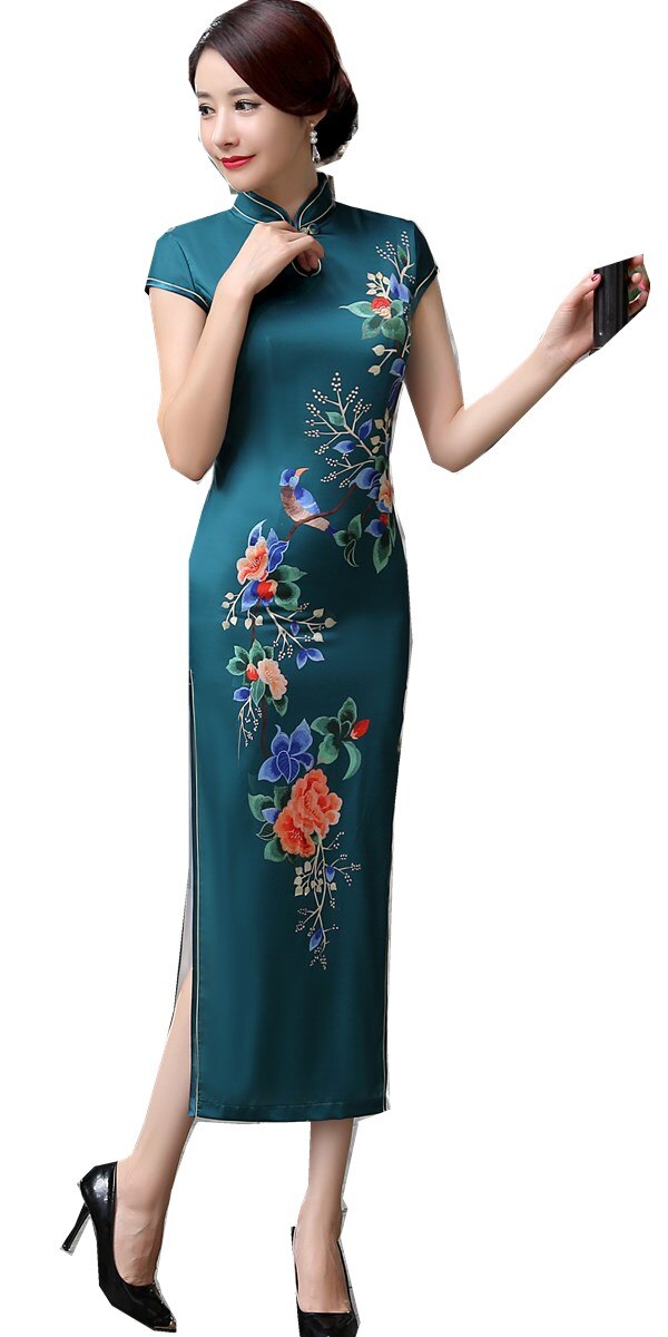 Chinese Traditional Clothes Long Qipao for women: Green / XXL