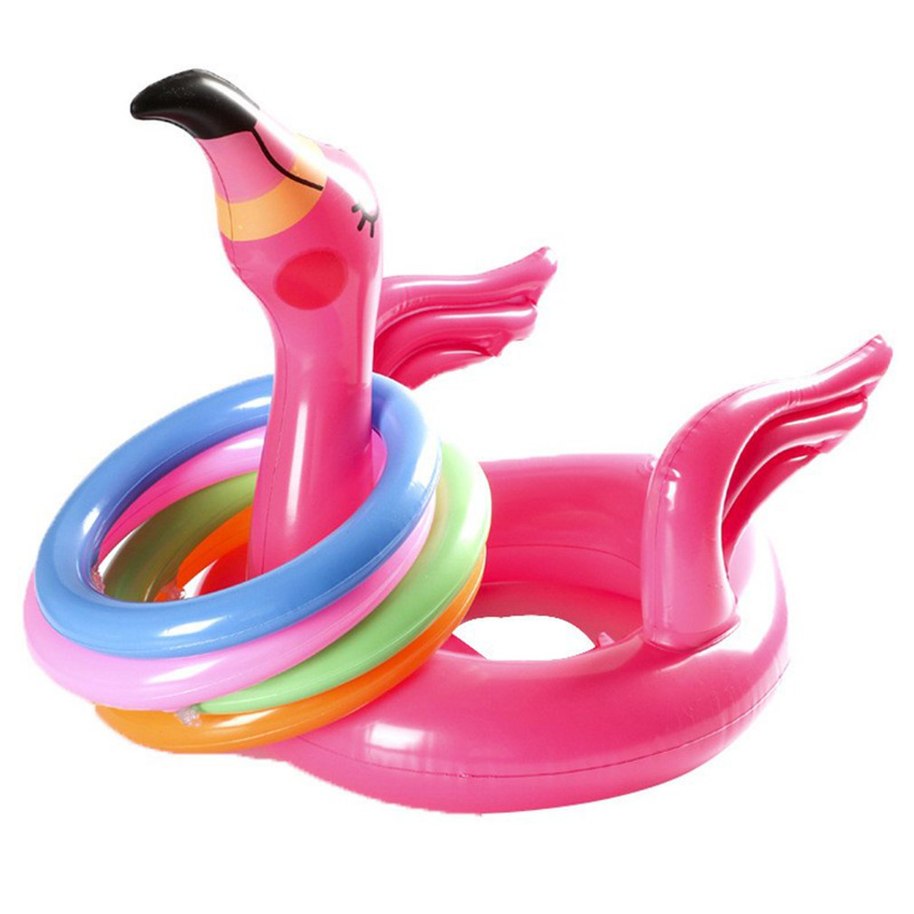 Bærbar oppustelig flamingo hovedhat med 4 stk kasteringe vandspil til familiefest pink pvc materiale pools &amp; sjovt legetøj: Default Title
