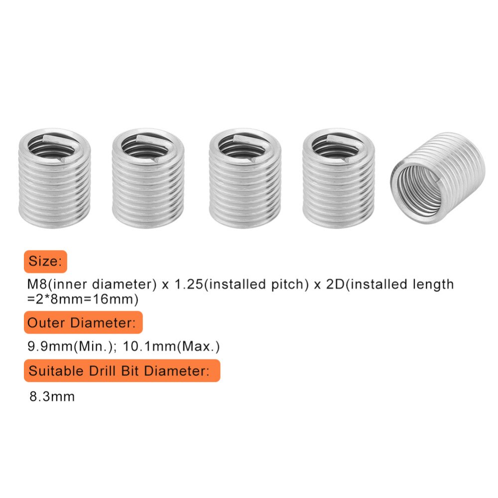 100pcs/set M8x1.25x2D Thread Inserts Stainless Steel Wire Screw Sleeve Coiled Wire Helical Screw Thread Inserts Fastener