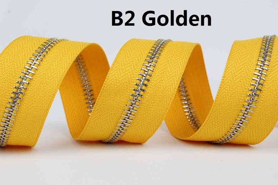 5#  zilveren metalen ritsen, enkele open einde, geelgoud, oranje, roze, fuchsia, paars, metalen rits, rol, 10 meter, veel: B2 gouden