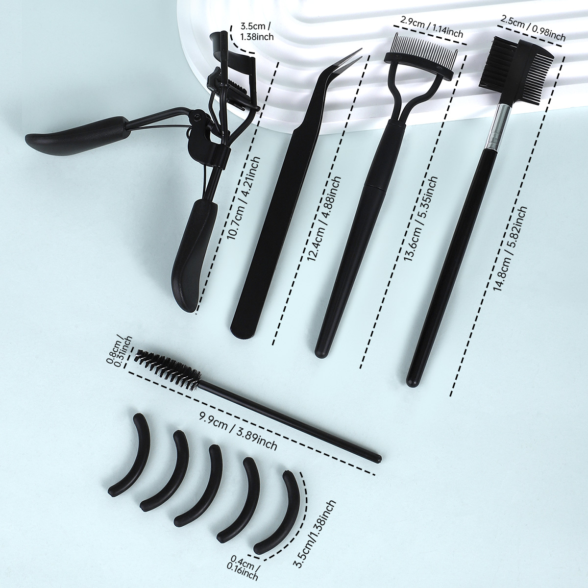 Wimpern mit 5 Silikonpads, 1 doppelseitiger Augenbrauen- und Wimpernkamm, 1 Wimpernstahlkamm, 1 Wimpernpinzette und 3 Spiralkämme