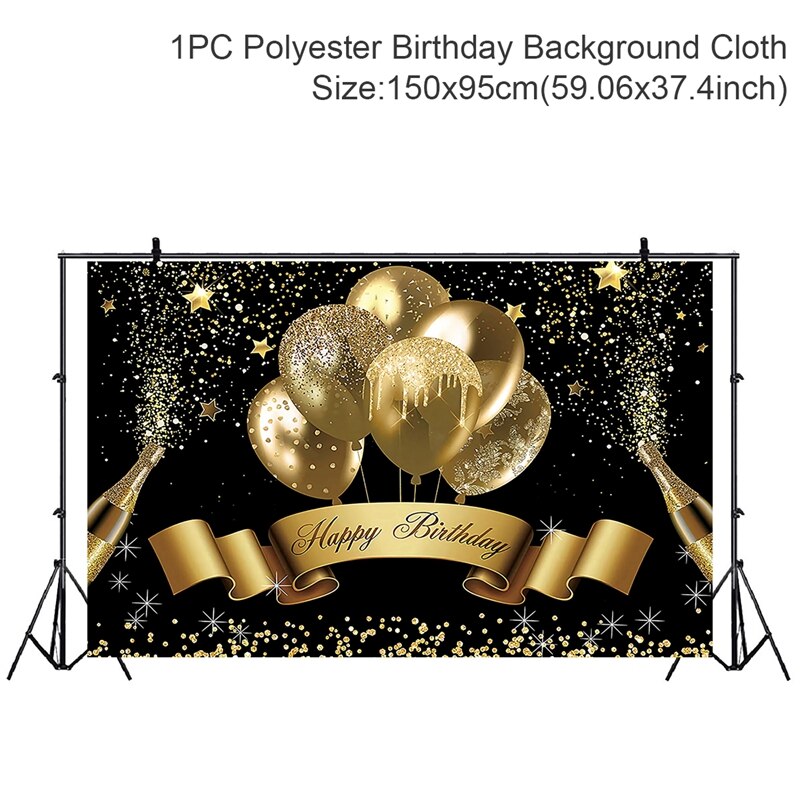 Happy Birthday Backdrop Banner Large Black Gold Balloon Star Poster Booth Backdrop Birthday photo Background Wall Party Decor: 4