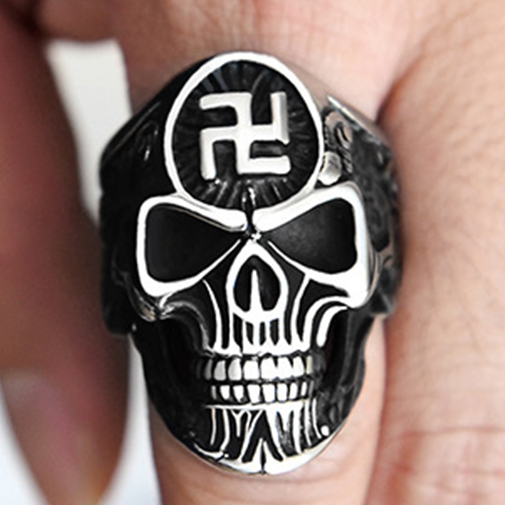 Punk hagekors symbol skelet spøgelseshoved store ringe til mænd rustfrit stål tilbehør religiøse kranium mænd svastika ring
