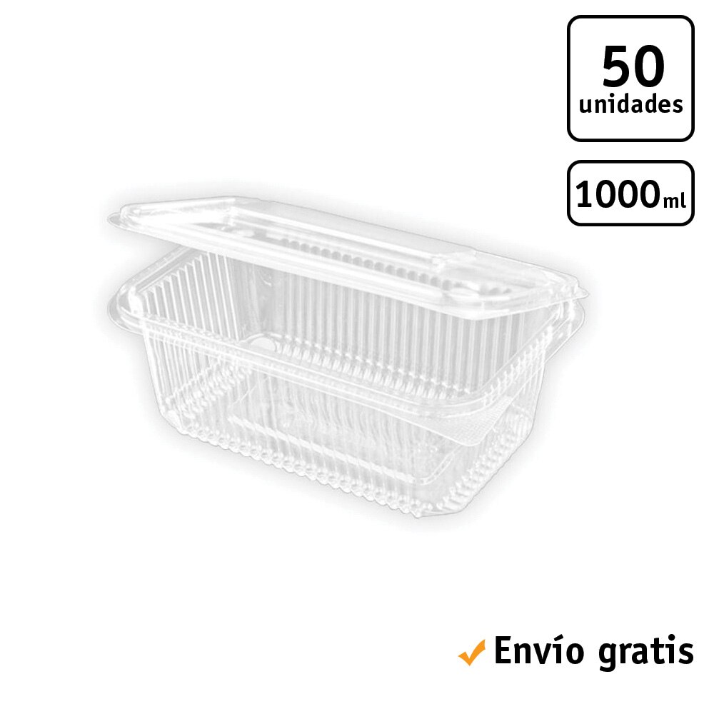 TELEVASO - Envase rectangular con tapa bisagra para comidas frías - Polietileno (PET) transparente, recipiente hermético: Envase Bisagra Rectangular 1000 ml (50 Uds)