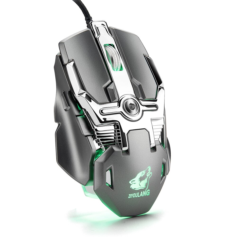 V15 8 knops mechanische gamingmuis met usb-kabel, 6400 dpi rgb-achtergrondverlichting, macro-gamermuis met drukpistool voor laptop: Grijs