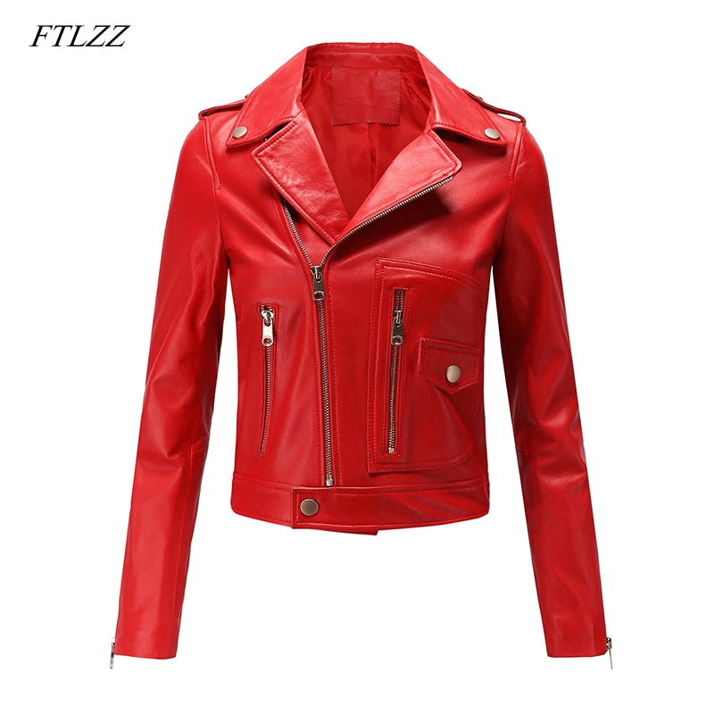 Ftlzz Vrouwen Motorfiets Pu Leren Jas Winter En Lente Zwart Rood Faux Lederen Jas Turn Down Collor Lady Bovenkleding