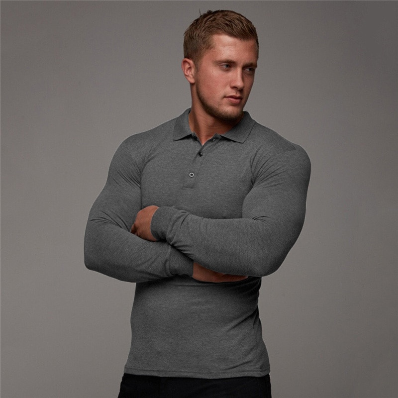 Vår høst poloskjorte herre bomull slank passe polo menn vanlig treningsstudio Fitness pustende virksomhet langermet poloskjorte