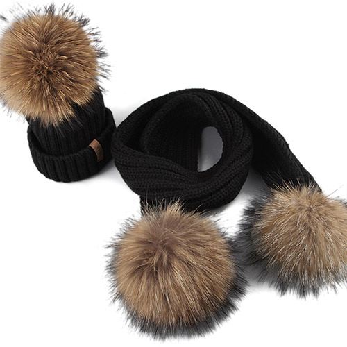 FURTALK Winter Kinderen Hoed Beanie Echte Wasbeer Bont Pompom Hoed en Sjaal Meisjes Bont Hoeden Jongens Caps Sjaals HTWL029: black fur pompom / 0.5-4 years