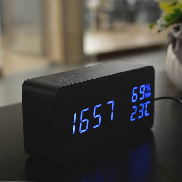 Suncree Wood Wooden LED Alarm Clock,Despertador Temperature Humidity Electronic Desktop Table Digital Clocks: black blue